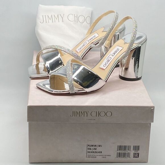 Jimmy Choo Plum Metallic Leather & Glitter Slingback Sandals size 36.5 - Picture 10 of 12